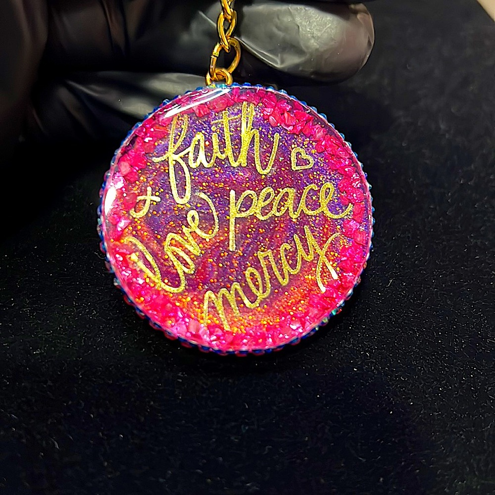 Resin keychain: “Faith, Love, Peace, Mercy”